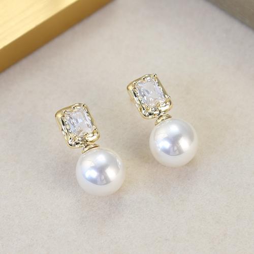 Cubic Zirconia Micro Pave Brass Earring, with Plastic Pearl, 18K gold plated, fashion jewelry & micro pave cubic zirconia & for woman, nickel, lead & cadmium free, 24x12mm, Sold By PC