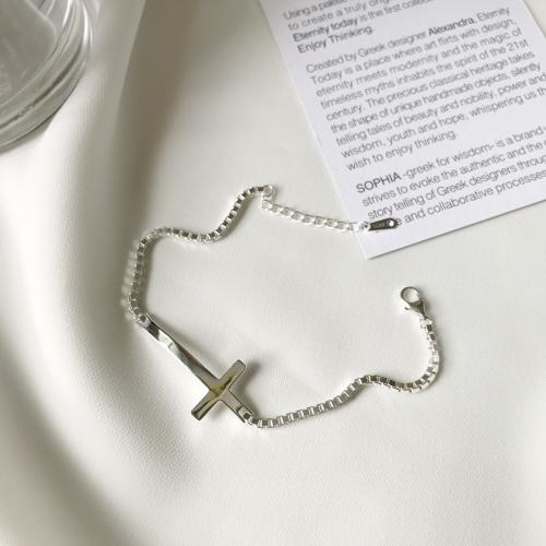 925 Sterling Silver Bracelet, Cross, Korean style & box chain & for woman, silver color, Length:Approx 6.3 Inch, Sold By PC