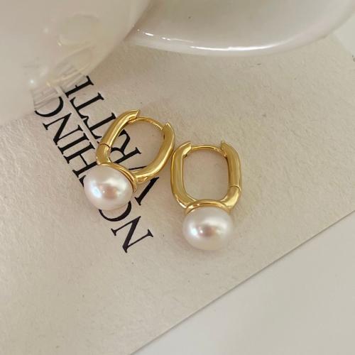 925 Sterling Silver Huggie Hoop Earring, with Freshwater Pearl, Geometrical Pattern, plated, Korean style & for woman, more colors for choice, 10x20mm, Sold By Pair