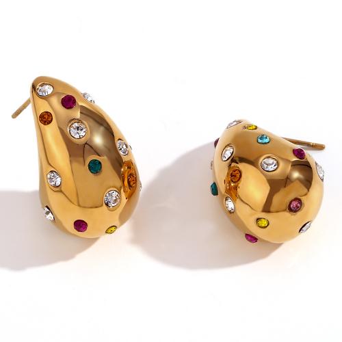 Stainless Steel Stud Earrings, 316L Stainless Steel, 18K gold plated, fashion jewelry & for woman & with rhinestone, golden, 26.70x16.80mm, Sold By Pair