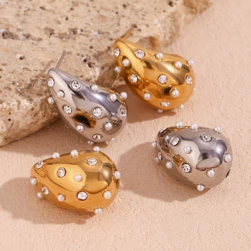 Boucle d'oreille de gaujon en acier inoxydable, acier inoxydable 316L, avec perle de plastique, Plaqué or 18K, bijoux de mode & pour femme & avec strass, plus de couleurs à choisir, 26.70x16.80mm, Vendu par paire