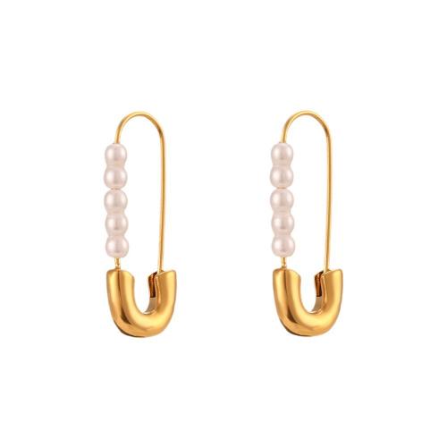 Acier inoxydable Levier Retour Earring, Acier inoxydable 304, avec perle de plastique, bijoux de mode & pour femme, doré, 28x10mm, Vendu par paire