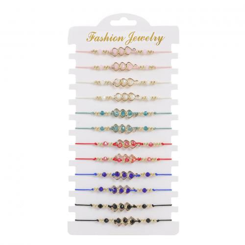 Zinc Alloy Bracelet, with Knot Cord & Paper & Crystal, Heart, gold color plated, Adjustable & fashion jewelry & for woman, mixed colors, nickel, lead & cadmium free, Length Approx 18-23 cm, 12PCs/Set, Sold By Set