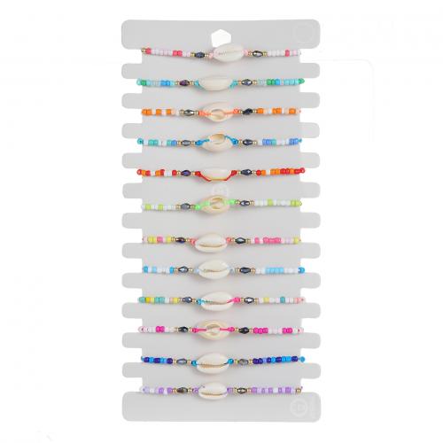 Glass Beads Bracelet, Seedbead, with Knot Cord & Paper & Shell & Crystal, Shell, Adjustable & fashion jewelry & Unisex, mixed colors, nickel, lead & cadmium free, Length:Approx 18-23 cm, 12PCs/Set, Sold By Set