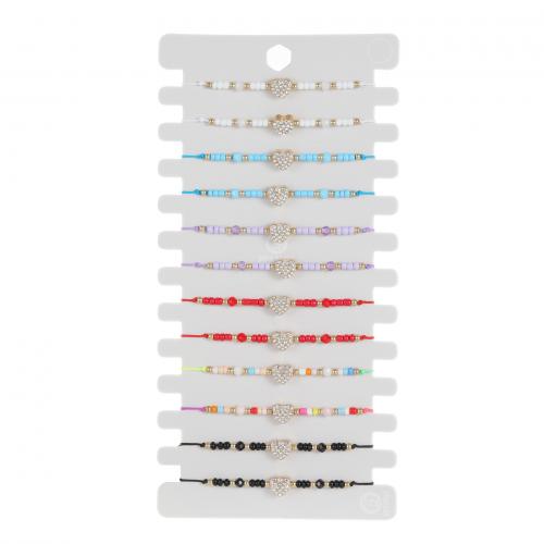 Glass Beads Bracelet Seedbead with Knot Cord & Paper & Zinc Alloy Heart gold color plated Adjustable & fashion jewelry & for woman & with rhinestone mixed colors nickel lead & cadmium free Length Approx 18-23 cm Sold By Set