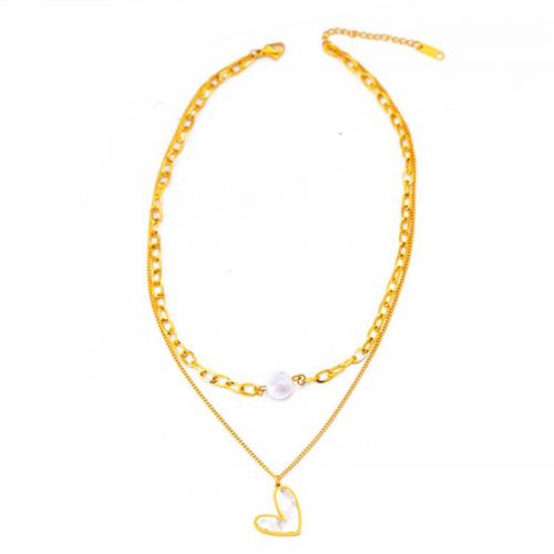 Titanium Steel Necklace, with Shell & Plastic Pearl, with 1.97inch extender chain, Heart, Vacuum Ion Plating, Double Layer & fashion jewelry & for woman, golden, Length:Approx 14.57 Inch, Approx 16.14 Inch, Sold By PC