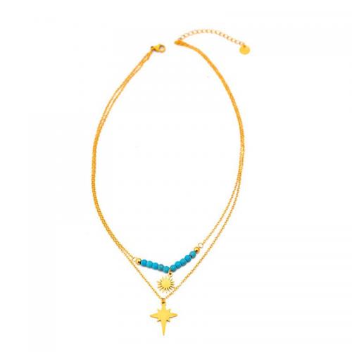 Titanium Steel Necklace, with turquoise, with 2.36inch extender chain, Vacuum Ion Plating, Double Layer & fashion jewelry & for woman, golden, Length:Approx 15.75 Inch, Approx 17.72 Inch, Sold By PC