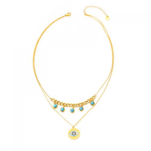 Titanium Steel Necklace with turquoise with 2.36inch extender chain Vacuum Ion Plating Double Layer & for woman & with rhinestone golden Length Approx 15.75 Inch Approx 17.72 Inch Sold By PC