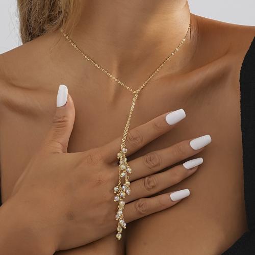 Messing Halskette, mit Kristall, plattiert, Modeschmuck, goldfarben, verkauft von PC