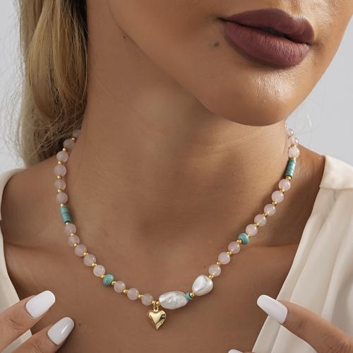 Messing Halskette, mit Naturstein & Kunststoff Perlen, mit Verlängerungskettchen von 7cm, Herz, plattiert, Modeschmuck, frei von Nickel, Blei & Kadmium, Länge:37 cm, verkauft von PC