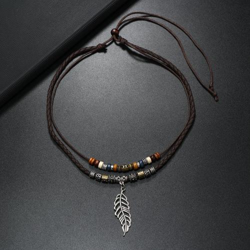 Tibetan Style Sweater Chain Necklace, with PU Leather Cord & Wax Cord & Wood, handmade, vintage & for man, brown, nickel, lead & cadmium free, Length:Approx 40-60 cm, Sold By PC