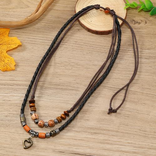 Zinc Alloy Sweater Chain Necklace with PU Leather Cord & Wax Cord & Wood handmade Double Layer & vintage & Unisex brown nickel lead & cadmium free Length Approx 40-70 cm Sold By PC