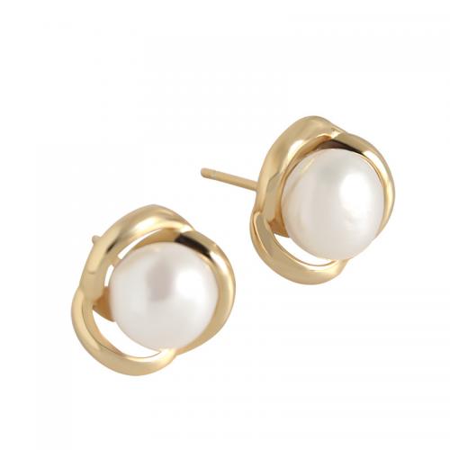 925 Sterling Silver Stud Earring with Plastic Pearl Flower Plating champagne gold fashion jewelry & for woman 10mm Sold By Pair