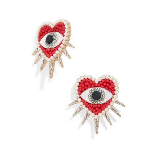 Tibetan Style Stud Earring, with Seedbead & Plastic Pearl, Evil Eye, gold color plated, for woman & with rhinestone, 28x27mm, Hole:Approx 1.5mm, Sold By Pair