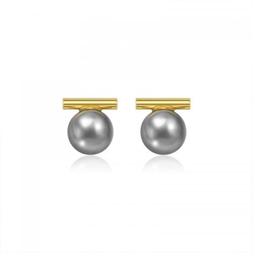 Brass Stud Earring, with Pearl Oyster, 18K gold plated, fashion jewelry & for woman, grey, nickel, lead & cadmium free, 12x10mm, Sold By Pair