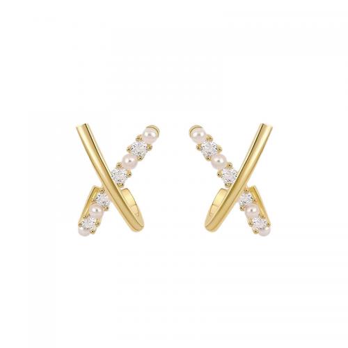 Cubic Zirconia Micro Pave Brass Earring with Pearl Oyster 18K gold plated fashion jewelry & micro pave cubic zirconia & for woman golden nickel lead & cadmium free Sold By Pair