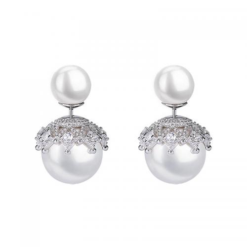 Boucles d'oreilles en laiton zircon cubique pavent, bijoux de mode & pavé de micro zircon & pour femme, blanc, protéger l'environnement, sans nickel, plomb et cadmium, big pearl:13.5mm,small pearl:7.8mm, Vendu par paire
