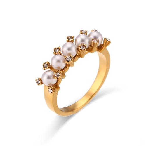 Cubic Zirconia Stainless Steel Finger Ring 304 Stainless Steel with Plastic Pearl 18K gold plated fashion jewelry & micro pave cubic zirconia & for woman Sold By PC