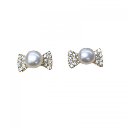 Freshwater Pearl Earrings with Brass Bowknot fashion jewelry & micro pave cubic zirconia & for woman white pearl mm Sold By Pair