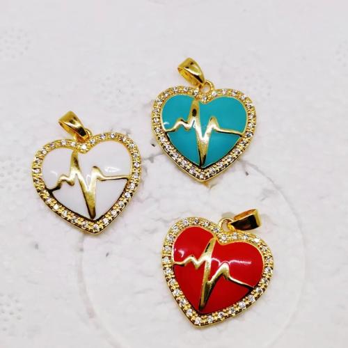 Cubic Zirconia Micro Pave Brass Pendant Heart gold color plated fashion jewelry & DIY & micro pave cubic zirconia & enamel nickel lead & cadmium free Sold By PC
