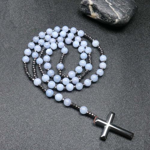 Rosary Necklace, Aquamarine, with Hematite, Cross, fashion jewelry & Unisex, mixed colors, 110mm, Length:Approx 78 cm, Sold By PC