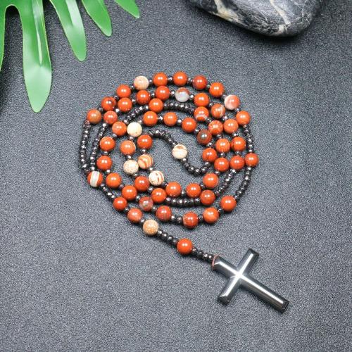 Rosary Necklace, Red Jasper, with Hematite, Cross, fashion jewelry & Unisex, mixed colors, 110mm, Length:Approx 78 cm, Sold By PC