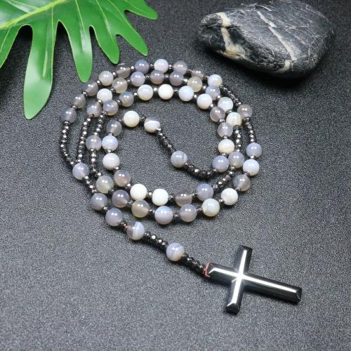 Rosary Necklace, Persian Gulf Agate, with Hematite, Cross, fashion jewelry & Unisex, mixed colors, 110mm, Length:Approx 78 cm, Sold By PC