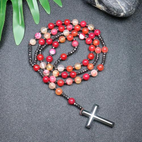 Rosary Necklace Lace Agate with Hematite Cross fashion jewelry & Unisex mixed colors 110mm Length Approx 78 cm Sold By PC