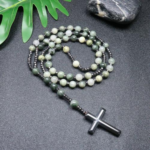 Rosary Necklace Green Grass Stone with Hematite Cross fashion jewelry & Unisex mixed colors 110mm Length Approx 78 cm Sold By PC