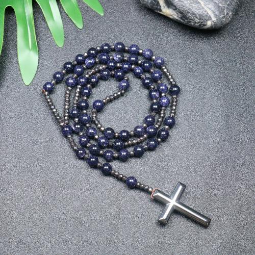Rosary Necklace Blue Sandstone with Hematite Cross fashion jewelry & Unisex mixed colors 110mm Length Approx 78 cm Sold By PC
