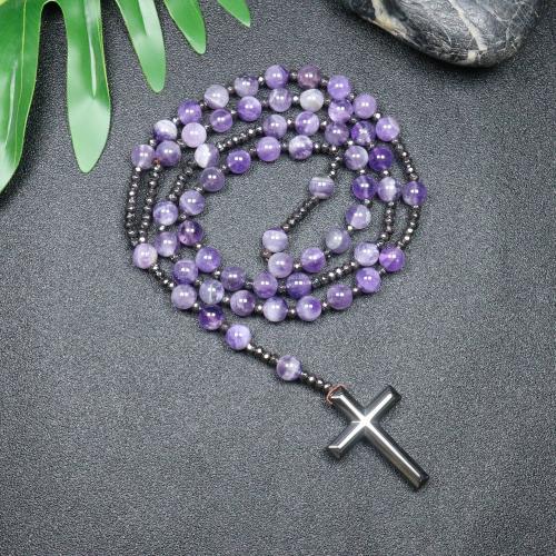 Rosary Necklace, Amethyst, with Hematite, Cross, fashion jewelry & Unisex, mixed colors, 110mm, Length:Approx 78 cm, Sold By PC