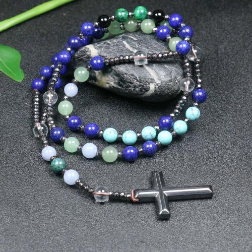 Rosary Necklace, Gemstone, with Hematite, Cross, fashion jewelry & Unisex, mixed colors, 110mm, Length:Approx 78 cm, Sold By PC