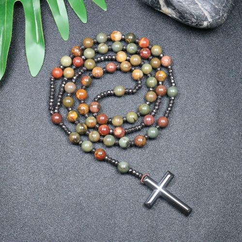 Rosary Necklace Picasso Jasper with Hematite Cross fashion jewelry & Unisex mixed colors 110mm Length Approx 78 cm Sold By PC