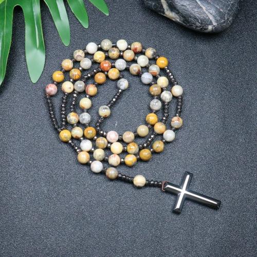Rosary Necklace Crazy Agate with Hematite Cross fashion jewelry & Unisex mixed colors 110mm Length Approx 78 cm Sold By PC