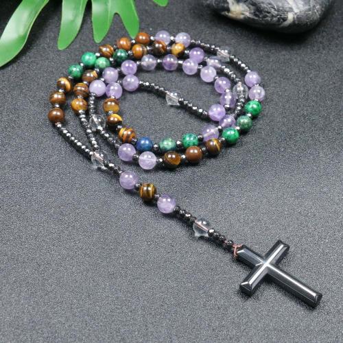 Rosary Necklace, Natural Stone, with Hematite, Cross, fashion jewelry & Unisex, mixed colors, 110mm, Length:Approx 78 cm, Sold By PC