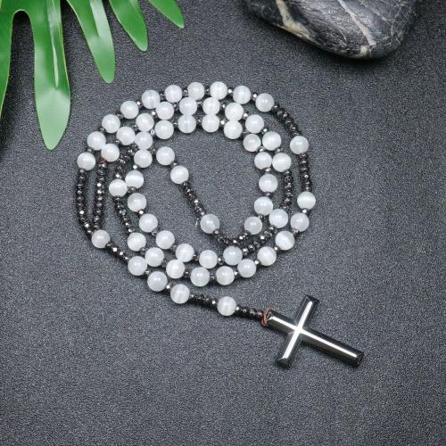 Rosary Necklace Cats Eye with Hematite Cross fashion jewelry & Unisex mixed colors 110mm Length Approx 78 cm Sold By PC