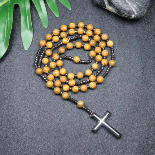 Rosary Necklace, Grain Stone, with Hematite, Cross, fashion jewelry & Unisex, mixed colors, 110mm, Length:Approx 78 cm, Sold By PC