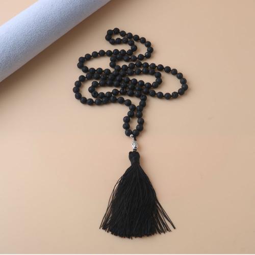 Fashion Fringe Necklace, Lava, with Knot Cord & Tibetan Style, Tassel, silver color plated, fashion jewelry & Unisex, black, 108PCs/Strand, Sold By Strand