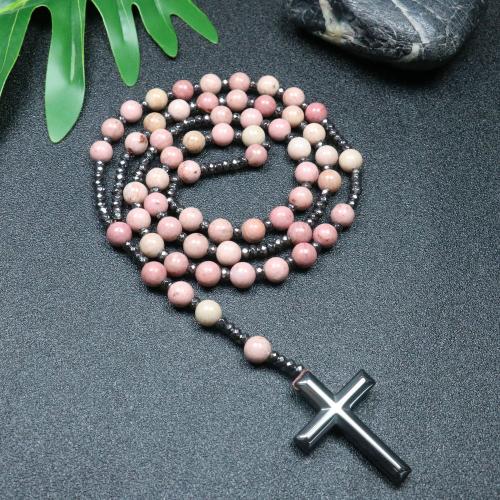 Rosary Necklace, Rhodochrosite, with Hematite, Cross, fashion jewelry & Unisex, mixed colors, 110mm, Length:Approx 78 cm, Sold By PC