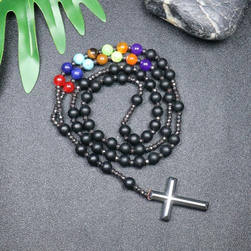 Rosary Necklace Natural Stone with Hematite Cross fashion jewelry & Unisex & frosted mixed colors 110mm Length Approx 78 cm Sold By PC