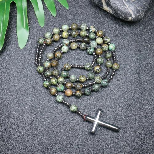 Rosary Necklace, African Turquoise, with Hematite, Cross, fashion jewelry & Unisex, mixed colors, 110mm, Length:Approx 78 cm, Sold By PC