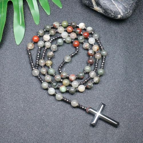Rosary Necklace African Bloodstone with Hematite Cross fashion jewelry & Unisex mixed colors 110mm Length Approx 78 cm Sold By PC