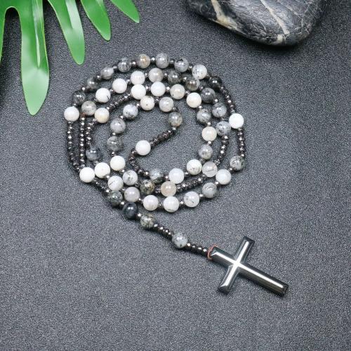 Четки Ожерелье, Черный рутиловый кварц, с гематит, Kресты, ювелирные изделия моды & Мужская, разноцветный, 110mm, длина:Приблизительно 78 см, продается PC