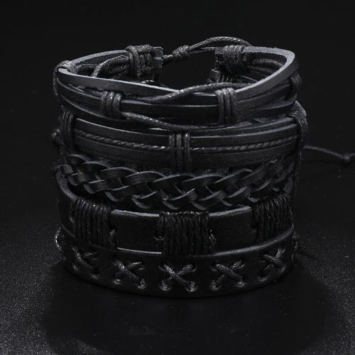 PU Leather Cord Bracelets, with Wax Cord, handmade, 5 pieces & multilayer & Unisex, black, Length:Approx 17-24 cm, Sold By Set