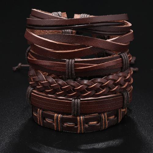 PU Leather Cord Bracelets, with Wax Cord, handmade, 6 pieces & Adjustable & multilayer & Unisex, brown, Length:Approx 17-24 cm, Sold By Set
