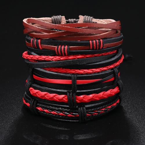 PU Leather Cord Bracelets, with Wax Cord, handmade, 6 pieces & Adjustable & multilayer & Unisex, Length:Approx 17-24 cm, Sold By Set
