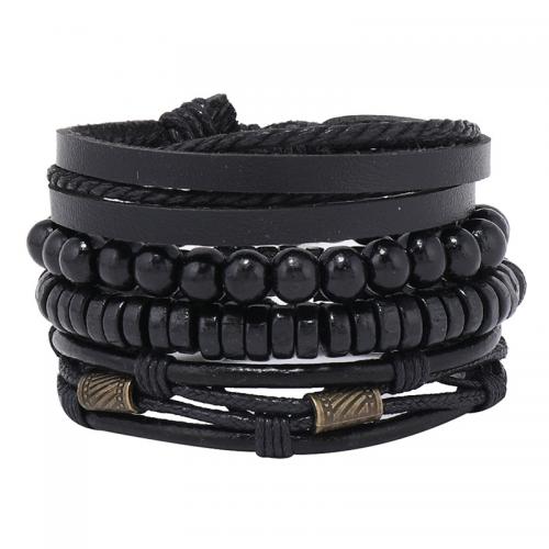 PU Leather Cord Bracelets, with Wax Cord & Wood & Tibetan Style, handmade, 4 pieces & Adjustable & multilayer & Unisex, black, Length:Approx 17-24 cm, Sold By Set