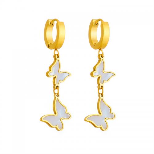 Boucle d'oreille Acier Titane, avec coquille, papillon, bijoux de mode & pour femme, doré, 45mm, Vendu par paire