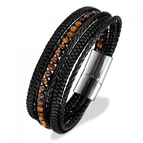 PU Leather Cord Bracelets with Natural Stone & 304 Stainless Steel vintage & Unisex 12mm Length 21 cm Sold By Bag