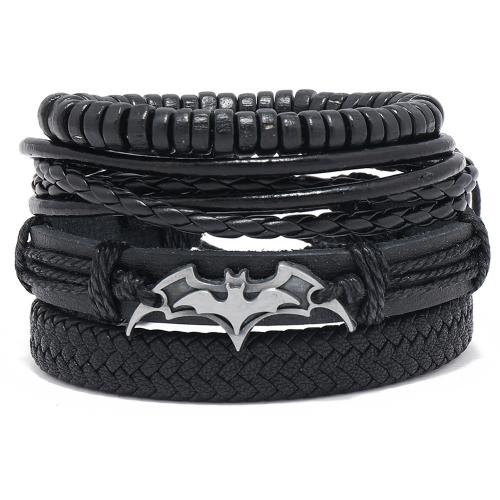 PU Leather Cord Bracelets with Linen & Wax Cord & Zinc Alloy Bat vintage & 4 pieces & adjustable & for man black Sold By Set
